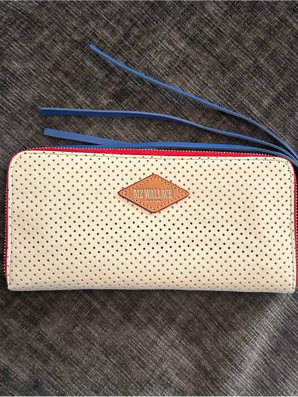 MZ Wallace White Perforated Zip Wallet with Blue and Red Accents. Rare